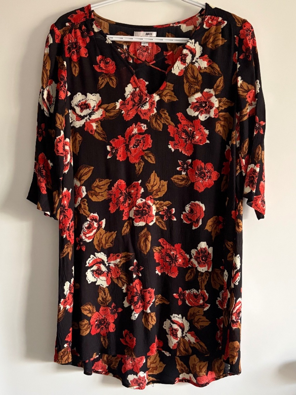 EUC Amuse Society Women’s Casyn Black Floral Print 3/4-Sleeved Shift Dress Small